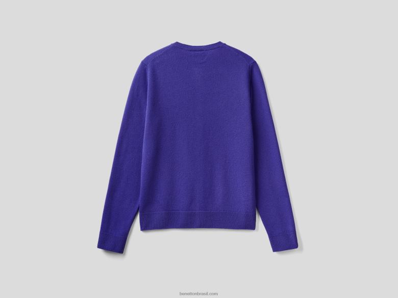 mulheres cardigã de gola redonda azul profundo em pura lã merino Benetton R8L4P158 azul