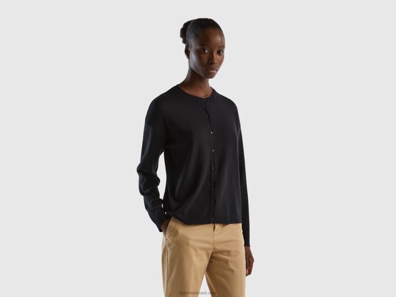mulheres cardigã gola careca com botões Benetton R8L4P3680 preto