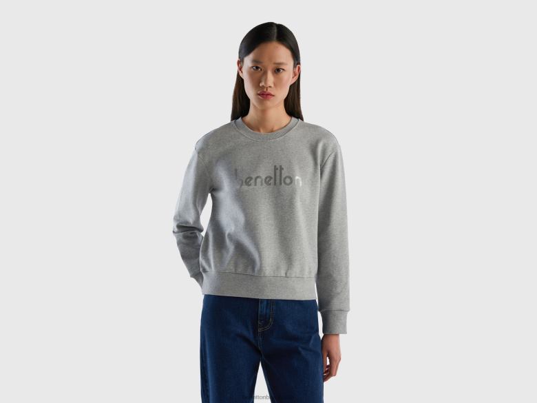 mulheres Moletom 100% algodão com estampa de logo Benetton R8L4P3763 cinza claro