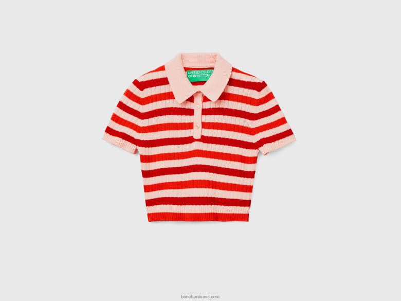 mulheres polo cropped listrado Benetton R8L4P3505 vermelho