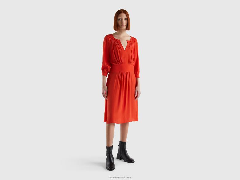 mulheres vestido decote v em viscose pura Benetton R8L4P535 vermelho