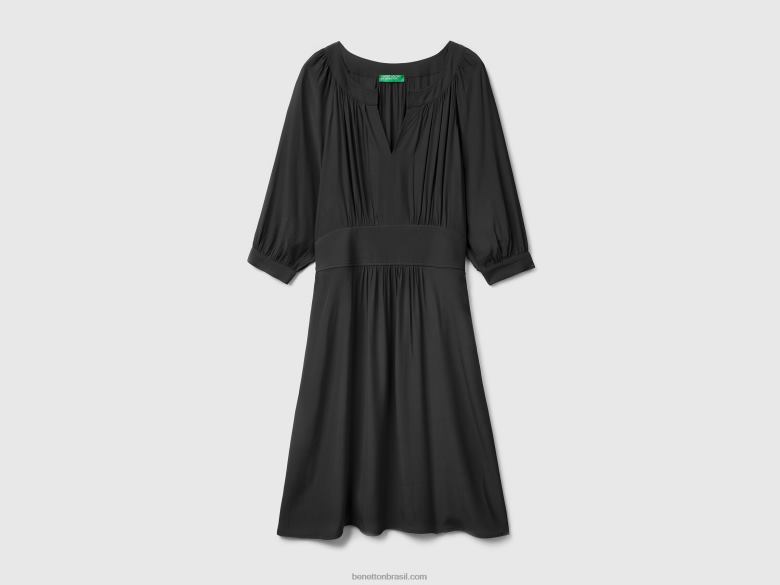 mulheres vestido decote v em viscose pura Benetton R8L4P557 preto