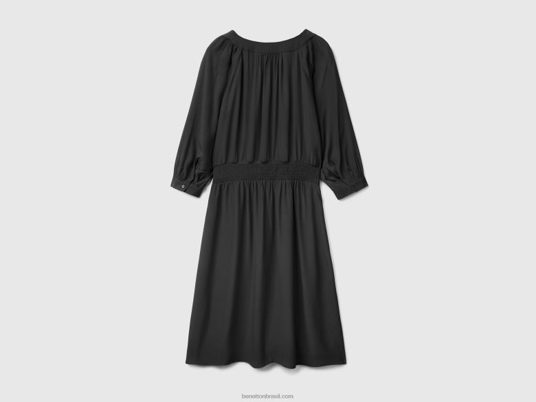 mulheres vestido decote v em viscose pura Benetton R8L4P557 preto